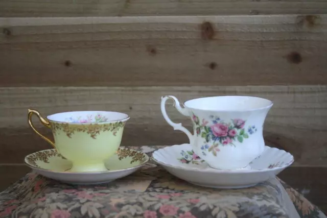 TWO VINTAGE ROYAL ALBERT BONE CHINA CUPS AND SAUCERS, MOSS ROSE & YELLOW (NV27a)