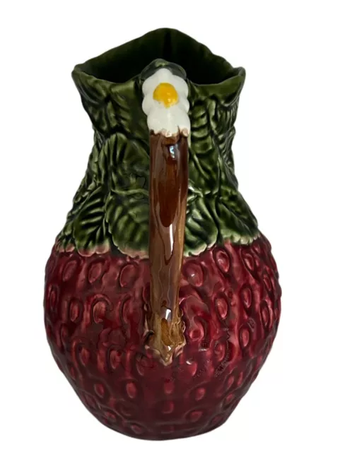 Olfaire Strawberry Majolica Pitcher Daisy Handle Made In Portugal  9 1/2" Tall 2