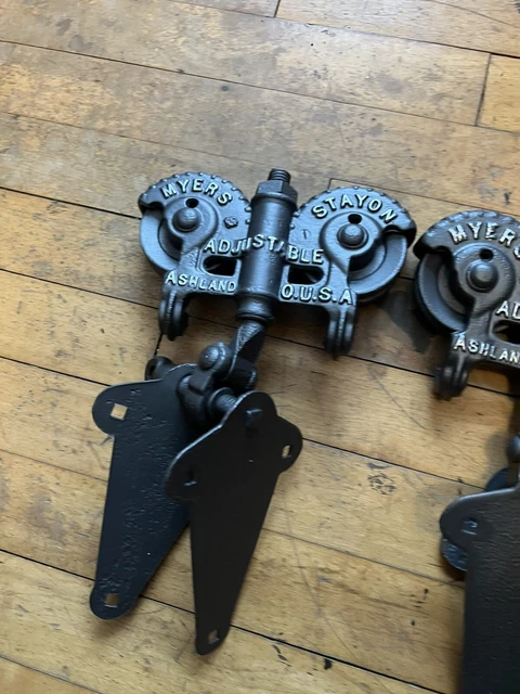 Antique Restored Myers Adjustable Stay On cast iron Barn Door Rollers Pair Set 3