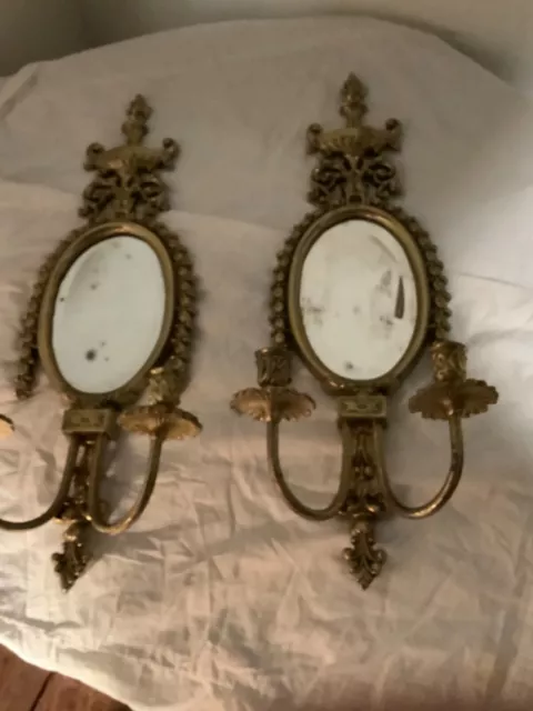 19th century pair of cast brass wall sconces with mirror