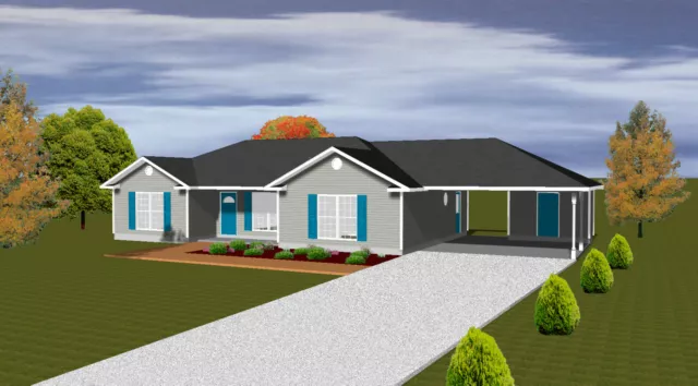House Plans for 1340 Sq. Ft. 3 Bedroom House w/Carport 2
