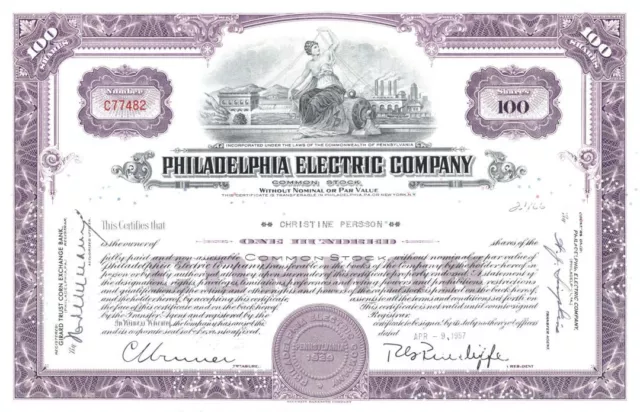 Philadelphia Electric Co. - 1960's dated Pennsylvania Utility Stock Certificate