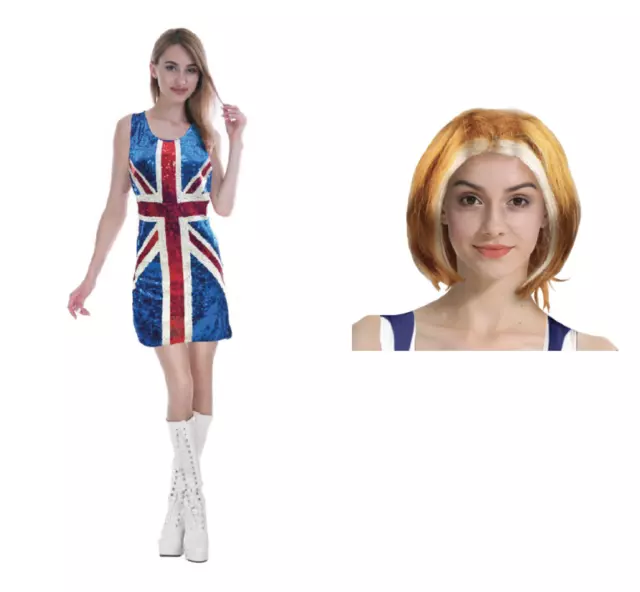 Adult Spice Girls Costume Ginger Geri Wig Union Jack Dress 90s Sequin Halloween