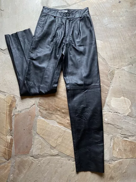 Vintage Black Leather Pants High Rise Pleated 80s
