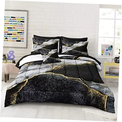 Marble Comforter Set Size 8 Pieces Bed in a Bag Gold Metallic Marble King Black