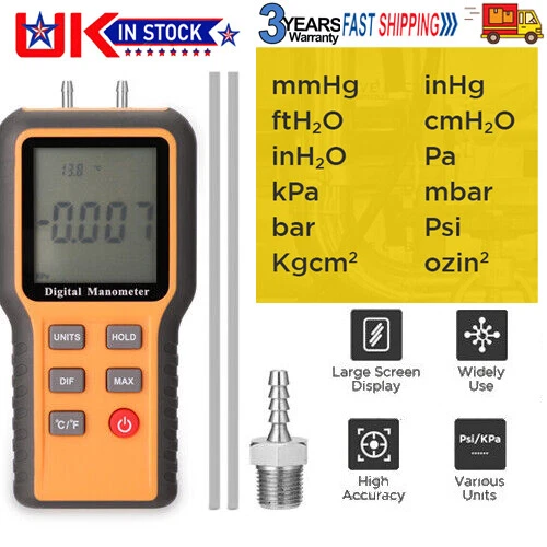 ADJUSTABLE DIGITAL MANOMETER Dual Port Air Pressure Meter Gauge Gas