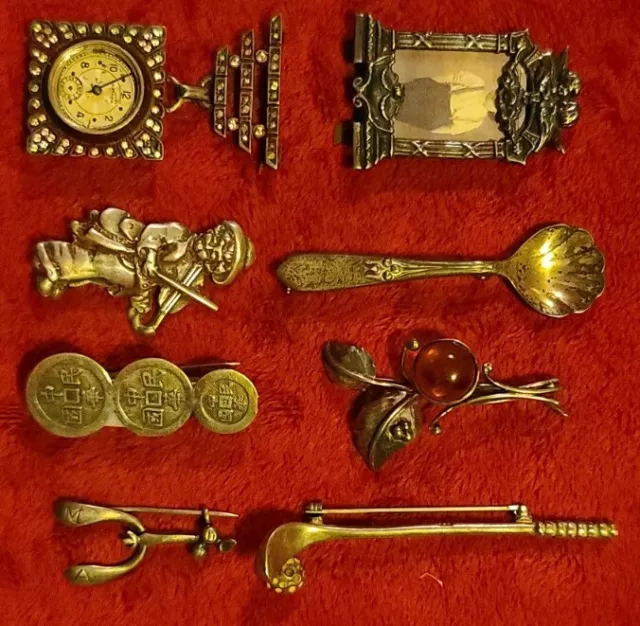 Antique Sterling Silver Brooches Pins  8 Pieces Estate Senior Watch & Amber Etc.