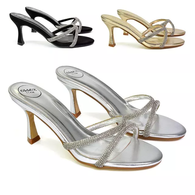 Womens Slip On Mule Heeled Sandals Ladies Stiletto Strappy Diamante Shoes Size