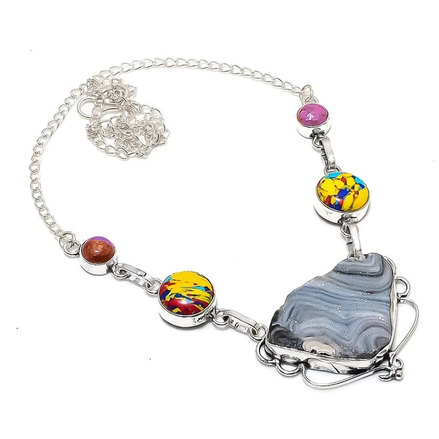 Desert Rose Druzy, Mosaic Gemstone 925 Sterling Silver Jewelry Necklace 18"