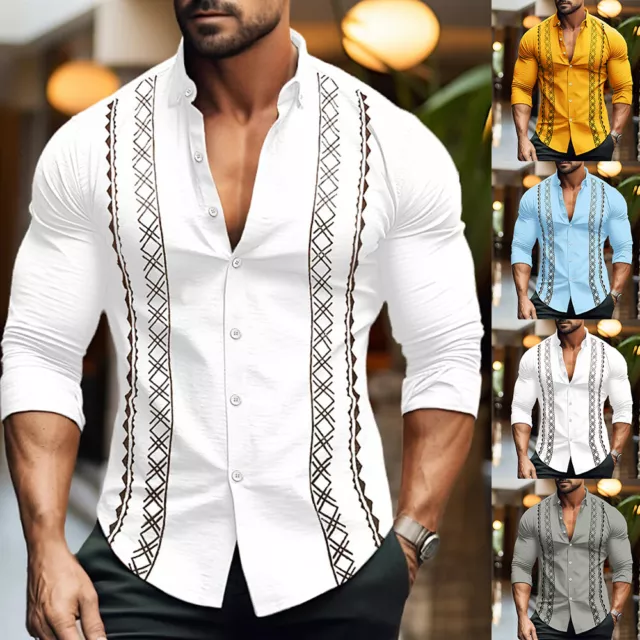 Mens Striped Printed Shirts Long Sleeve Work Casual Muscle Slim Fit Shirt Tops
