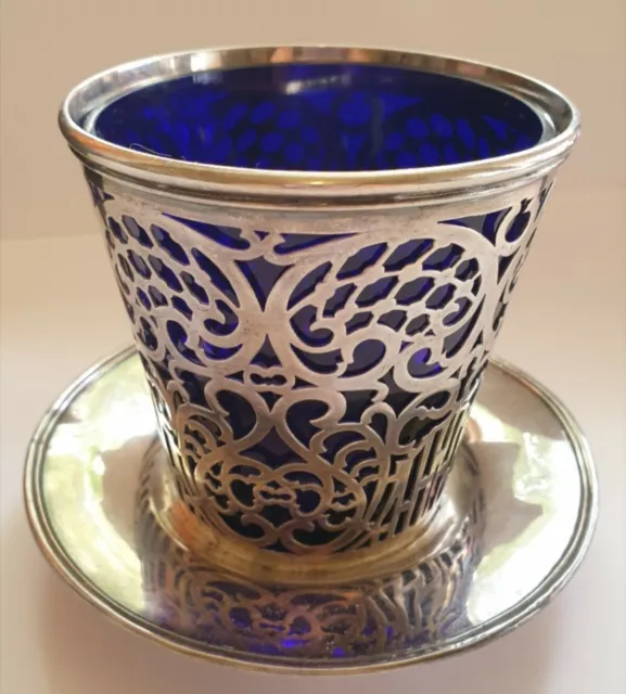Antique Solid Silver And Blue Glass Insert / Liner Vase Bon Bon Dish