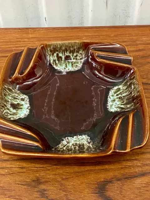 Vintage Mid Century Brown Green Drip Glaze Pottery Ashtray / Dish