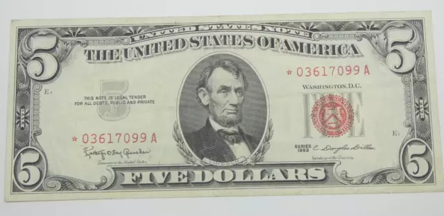 Series of 1963*STAR Red Seal $5 Legal Tender US Note VERY FINE Fr#1536*