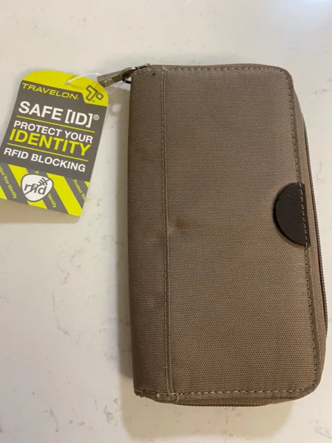 NWT Travelon Safe ID RFID Blocking Wallet Clutch Full Zip Organizer Tan