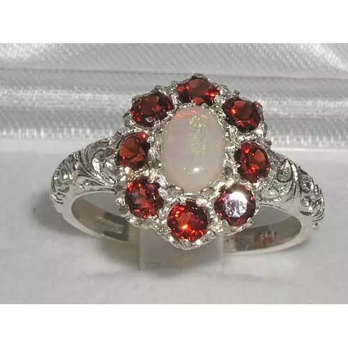 Solid 925 Sterling Silver Natural Opal & Garnet Womens Cluster Ring