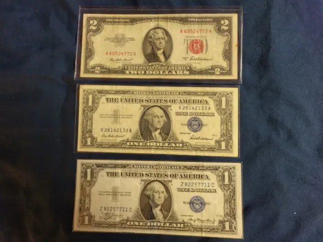 (1) 1953-A $2 Bill Red Seal (2) $1 SILVER CERTIFICATES 1935A & & 1957 v/g