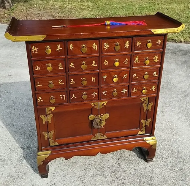 Vintage Asian Apothecary Pagoda Herbal Medicine Cabinet 16 Drawer 27"x25" w/ Key