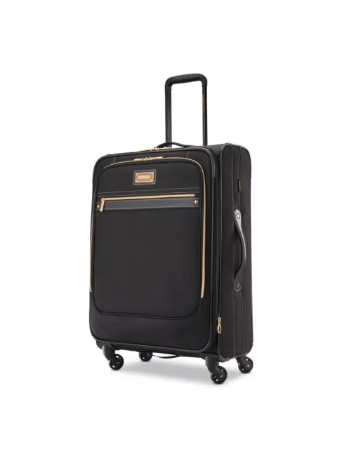 Travel Luggage Suitcase 25 in. Rolling Spinner Checked Black Gold Softside