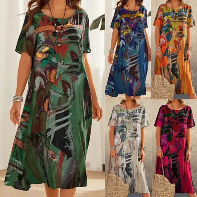 Retro Boho Print Maxi Dress Ladies Holiday Casual Short Sleeve Dresses Size 6-24