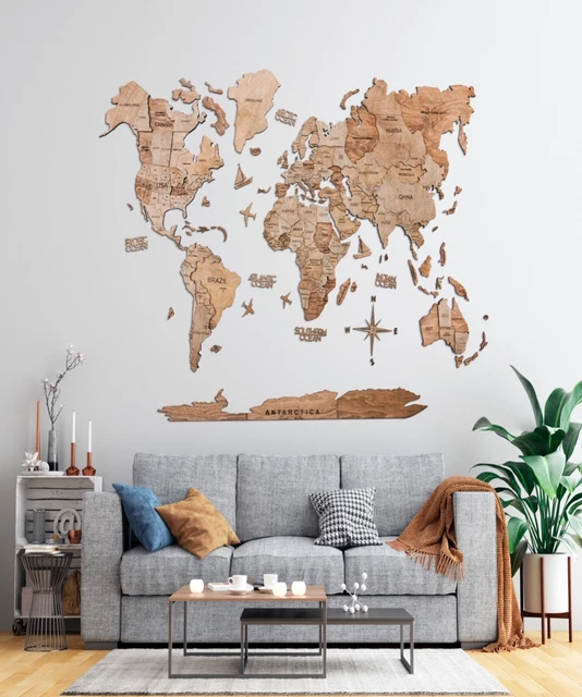 WOOD WORLD MAP Wall Art Large Wall Decor 3D World Travel Map (M L XL