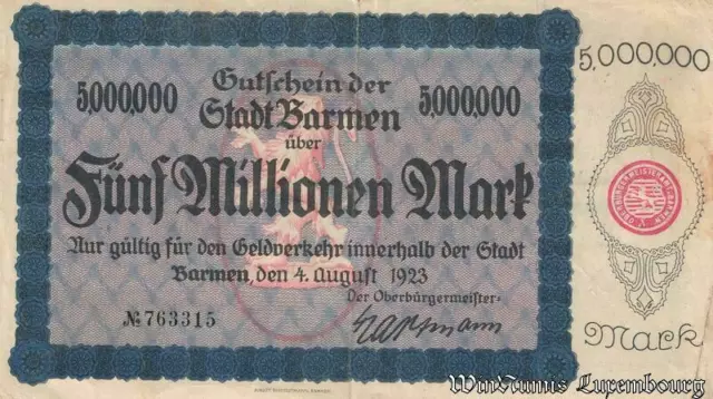 E4578 Banknote Germany Wuppertal Barmen 5 Millionen Mark 1923 Notgeld - Offer