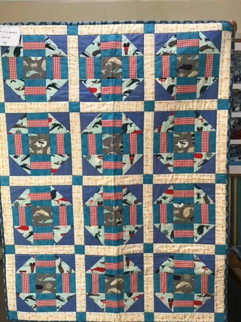 Handmade Lap/Cot quilt, “Whales” Backed & Lined with Wadding