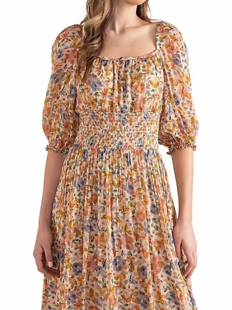 Nwt Shoshanna Celia Puffy Sleeve Smoked Floral Golden Midi Dress Size 4 $495 3