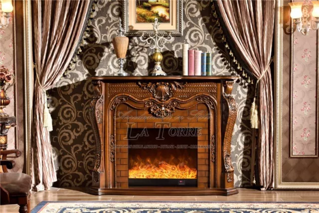 Camino elettrico Kamin fireplace legno massello Barocco Inglese noce 330