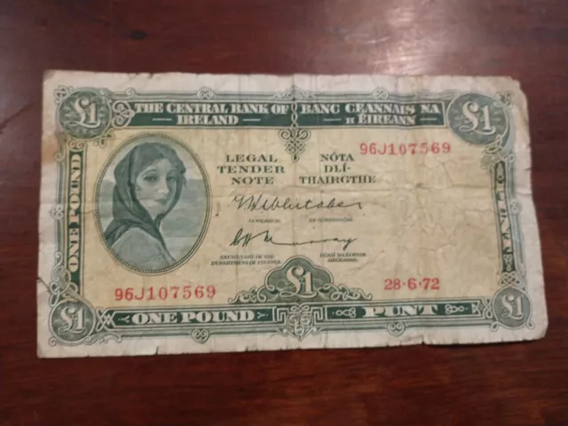 Ireland 1 Pound 1972 Eire Punt Banknote The Troubles Lady Hazel Old Vintage Bill