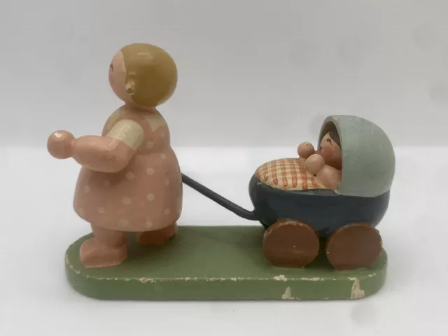 Vintage Erzgebirge Expertic Little Girl Pulling Buggy Wood Figurine East Germany