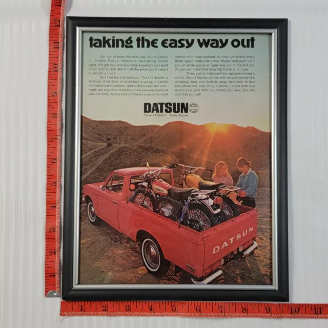 1971 Datsun Truck Li'l Hustler Print Ad Kawasaki Motorcycles ready to hang Frame