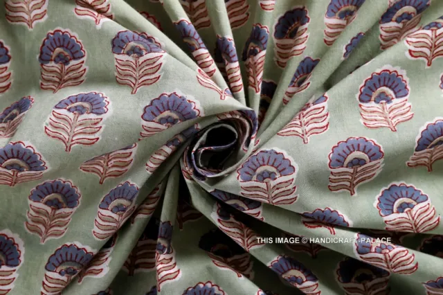 Indien Main Bloc Imprimé Vert Coloré Coton Tissu pour Artisanat Par 0.9m Couture