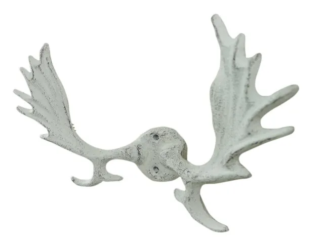 Whitewashed Cast Iron Moose Antlers Decorative Metal Wall Hooks 9"
