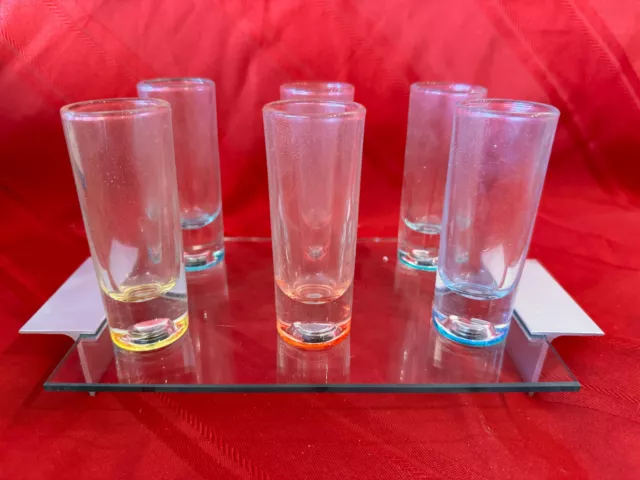 New in box NIB Colorful Set of 6 Shot Glasses Multi Color Magnetic Footed Tray