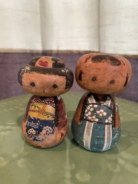 Antique Handmade Hand Painted Japanese Kokeshi Dolls Wooden Male & Female Set
