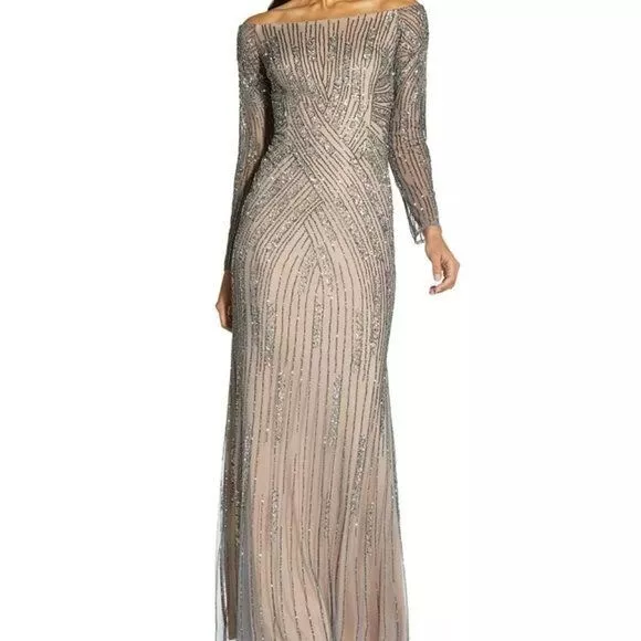 NWT Adrianna Papell Womens Silver Gray Sequined Off Shoulder Gown Dress SIZE 12