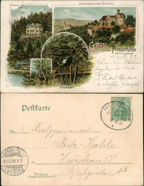 Litho AK Hartenstein (Sachsen) Prinzenhöhle, Forsthaus Gruss aus 1903