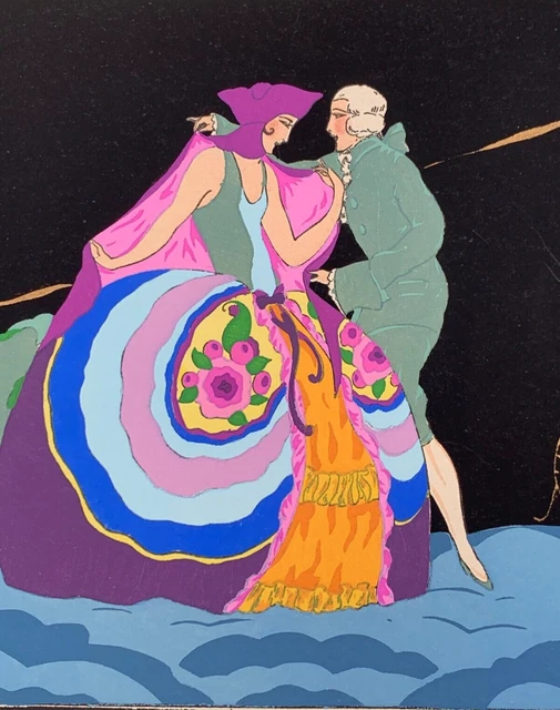Antique French Silkscreen 1920'S Art Deco Period France Man Woman Colorful Art 1