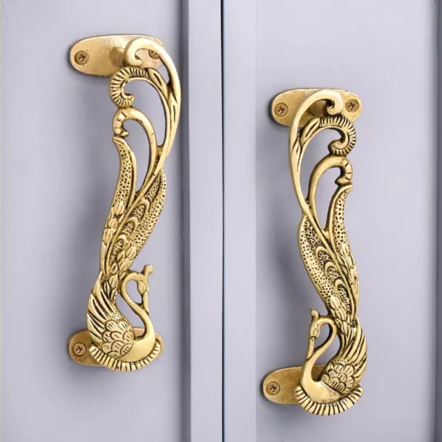 @Indian Traditional Beautiful Pair Peacock Brass Door Handles Golden Color