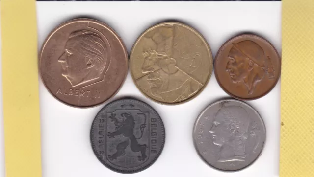 BELGIEN, 5 verschiedene Franc Münzen,  PJ  1942 bis 1998, Europa