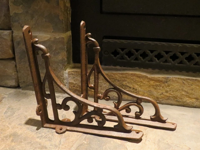 Set of 2 Extra Large Cast Iron Expresso Scroll Shelf Bracket, Brace, 9" x 9"