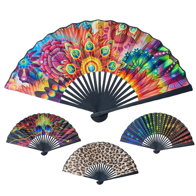 Vintage Folding Hand Fan Bamboo Handheld Fans Satin Cloth Surfaces  9 inch Long