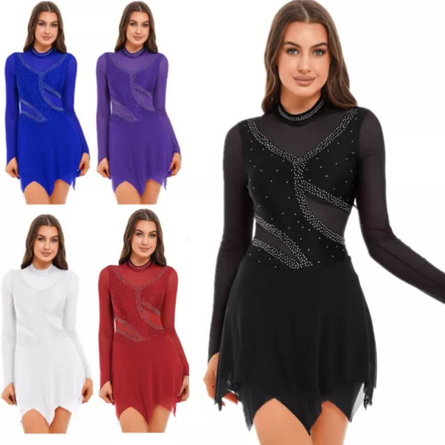 Womens Long Sleeve Figure Skating Dance Dress Glitter Rhinestone Leotard Dress