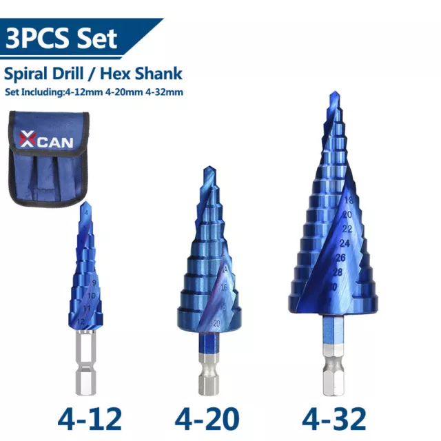 Spiral Step Cone Drill Bit Set HSS Hex Shank Blue Coated Metal Hole Cutter