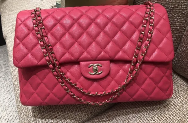 NEW 24C CHANEL XXL Pink Caviar Classic Travel Flap Bag Gold CC Handbag