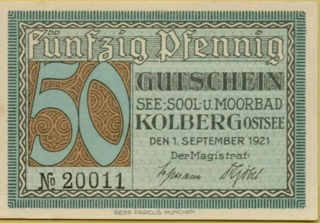 4736: Banknote Notgeld Gutschein 50 Pfennig Kolberg Ostsee Pommern 1921