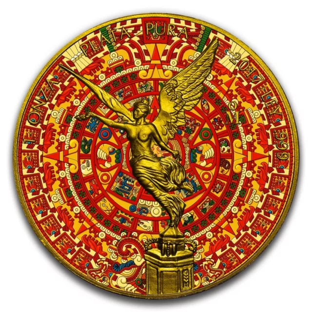 Libertad Aztec Calendar 1 OZ Silber Münze With 24 KT Gold Mexico 2017 Auflage