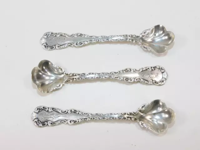 Whiting Sterling Silver 3 Master Salt Spoons Louis XV 1891 Monograms FANCY LOT