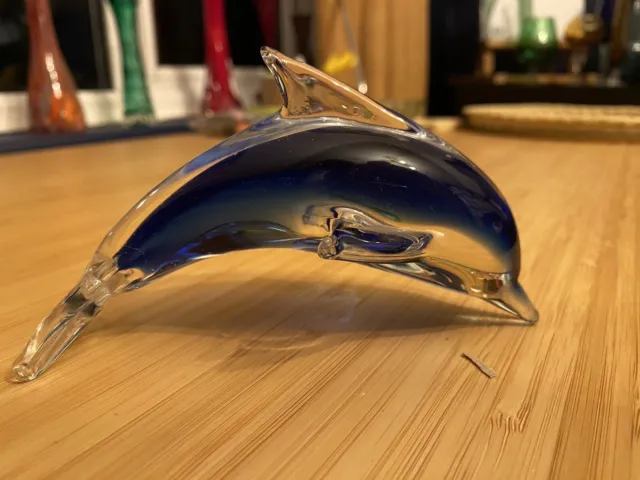 Vintage Murano Venetian Hand Blown Art Glass Dolphin Figurine Cobalt Blue Clear