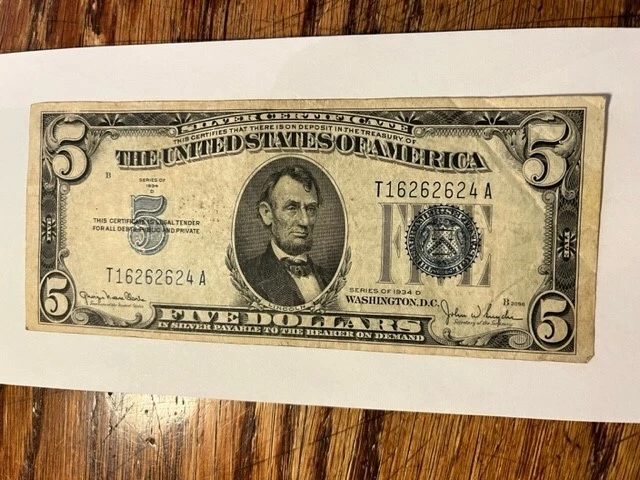 1934-D 5 Dollar Silver Certificate Blue Seal Note/F+ #16270